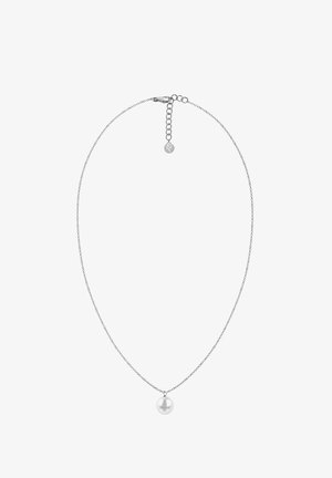 Silberne Kettenhalskette mit einem einzelnen runden Perlenanhänger. Die Kette verfügt über einen verstellbaren Verschluss mit einem kleinen dekorativen Anhänger.