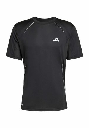 Černé sportovní tričko s krátkým rukávem s bílým lemem a malým bílým logem na levé straně hrudi.