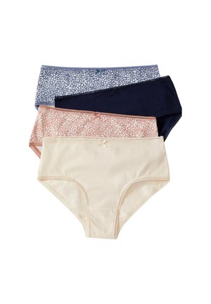 Cuatro bragas hipster de mujer en beige, rosa con lunares blancos, azul marino y azul con lunares blancos, apiladas sobre un fondo blanco.