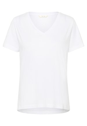 T-shirt blanc à manches courtes avec un col en V, en tissu doux, doté d'une coupe décontractée et d'un ourlet droit avec des détails de couture minimaux.