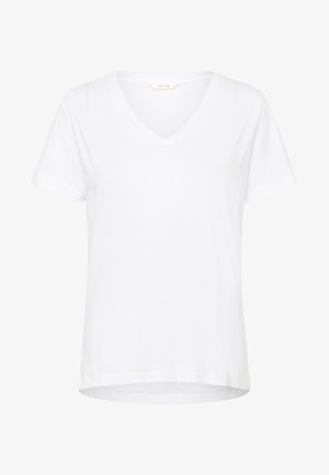 Valkoinen lyhythihainen t-paita, jossa on V-pääntie, pehmeästä kankaasta valmistettu, rento malli ja suora helma, jossa on minimaalinen ompeluyksityiskohta.