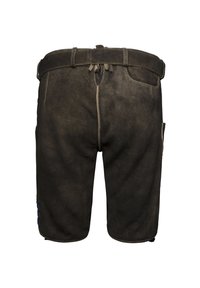 Shorts en daim marron avec une taille plate, une poche arrière et un laçage décoratif sur les côtés. Texture douce et coupe ajustée évidente.