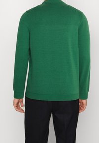 Zielony sweter na drutach z okrągłym dekoltem, długimi rękawami i gładką fakturą. Marszczony dół i mankiety, noszony na ciemnych spodniach.