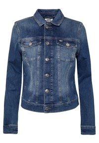 Women's blue denim jacket with long sleeves, button front closure, two chest pockets with flaps, and contrast stitching.