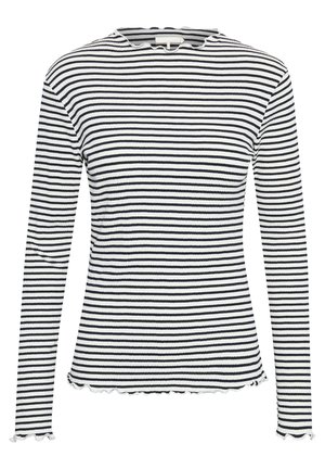 Long-sleeve top in black and white stripes, ribbed texture, features scalloped neckline and hem, fitted design.