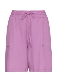 Helle lila Shorts mit Kordelzug aus strukturiertem Stoff, ausgestattet mit zwei Seitentaschen und einer lockeren Passform. Elastischer Bund für zusätzlichen Komfort.