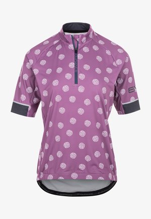 Maillot de cycling à manches courtes de couleur violet clair avec un motif de pois blancs. Il dispose d'un col zippé à moitié et d'accents gris sur les manches et l'ourlet.