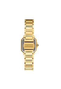 Orologio in acciaio inossidabile dorato con quadrante rettangolare, dettagli neri e design a bracciale a maglia. Presenta un logo discreto sul retro.