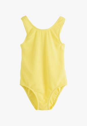 Gelber, gerippter Badeanzug mit Rundhalsausschnitt und breiten Trägern, mit glatter Textur und hohen Beinausschnitten.