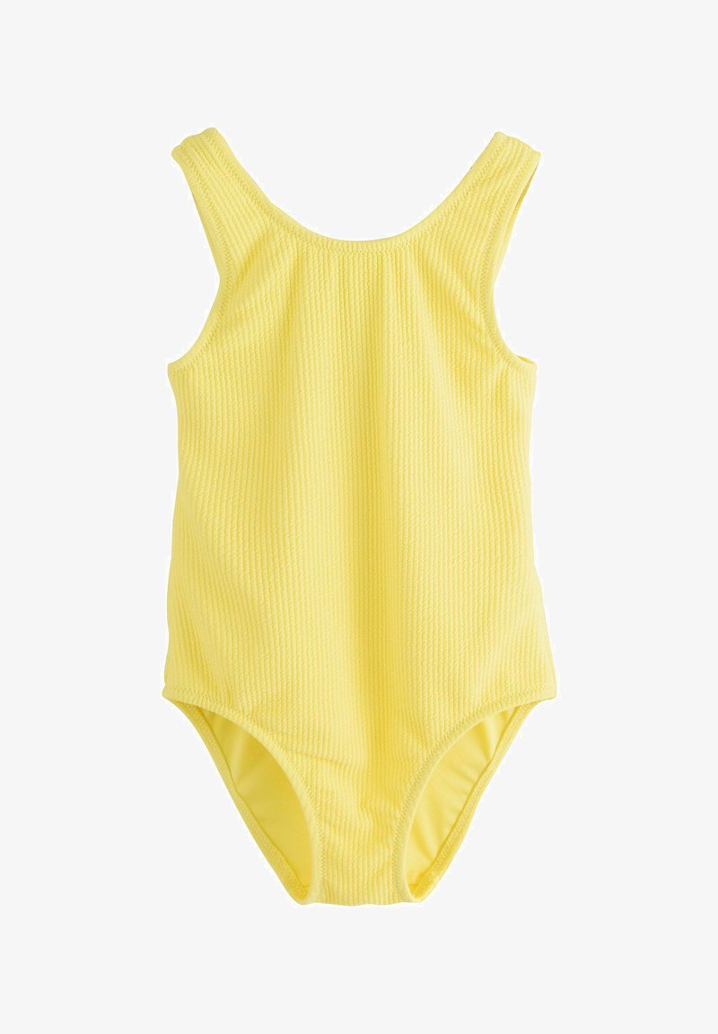 Costume intero giallo a coste con scollo a U e spalline larghe, caratterizzato da una texture liscia e aperture elevate sulle gambe.