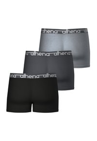 Ensemble de trois caleçons courts en noir, gris foncé et gris clair. Confectionnés en tissu lisse avec une large ceinture élastique de marque.