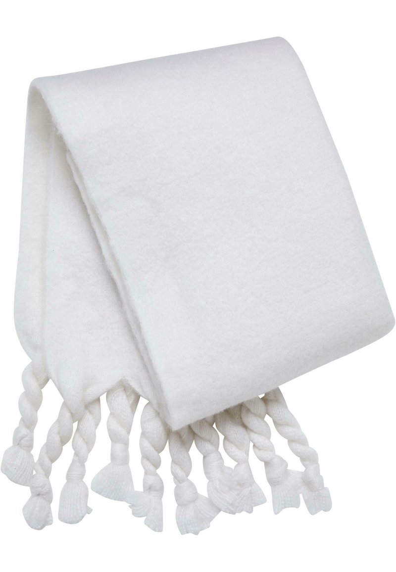 Couverture en polaire blanche avec des bords en franges torsadées. Texture douce, forme rectangulaire et couleur uniforme. Convient pour la chaleur et le confort.