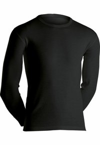 Sort langærmet skjorte lavet af blødt stof, med en rund halsudskæring og tætsiddende ærmer, med en glat tekstur og enkelt design.