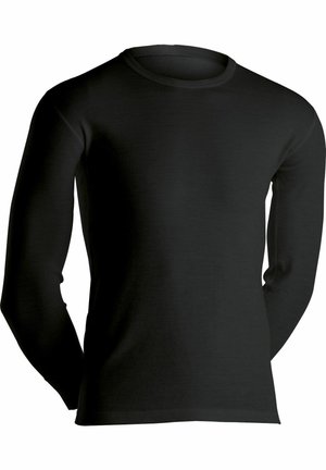Sort langærmet skjorte lavet af blødt stof, med en rund halsudskæring og tætsiddende ærmer, med en glat tekstur og enkelt design.