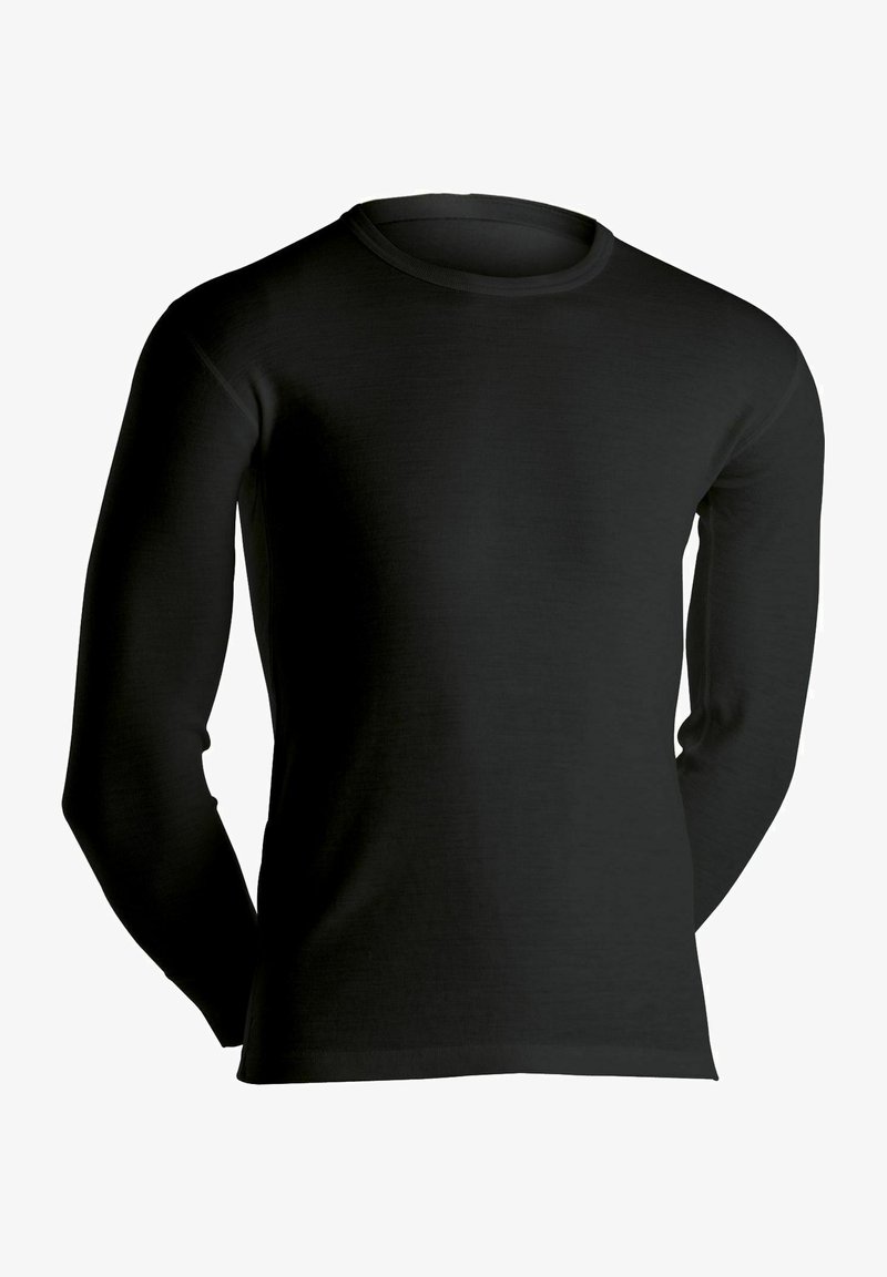 Sort langærmet skjorte lavet af blødt stof, med en rund halsudskæring og tætsiddende ærmer, med en glat tekstur og enkelt design.