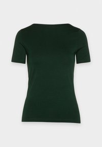 Camiseta verde de manga corta hecha de una tela suave, con un cuello redondeado y una silueta ajustada, sin patrones visibles.