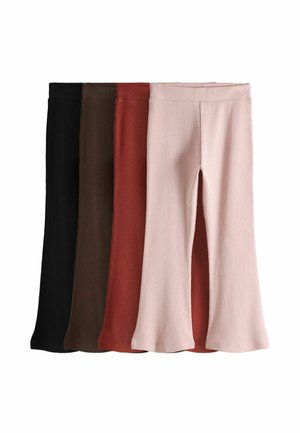 Four pairs of ribbed leggings in varying colors: black, brown, terracotta, and pale pink. Each features a flared hem and elastic waistband.