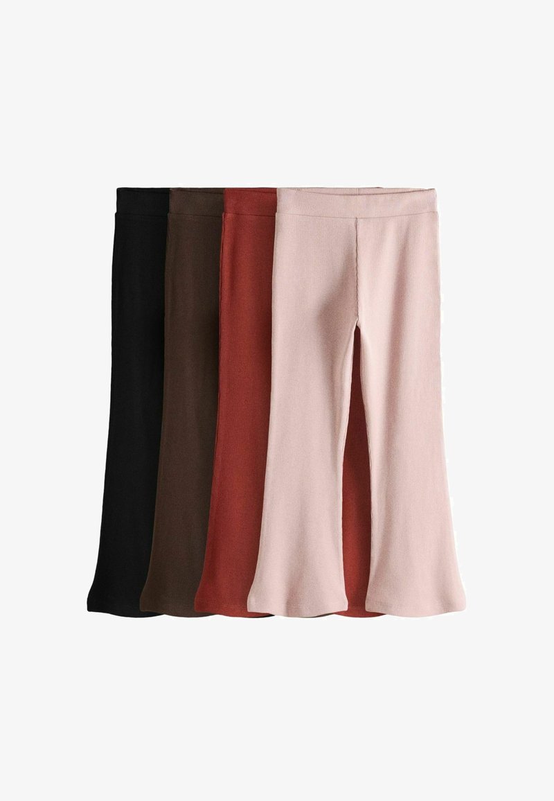 Quatre paires de leggings côtelés de différentes couleurs : noir, marron, terre cuite et rose pâle. Chaque paire est dotée d'un ourlet évasé et d'une ceinture élastique.
