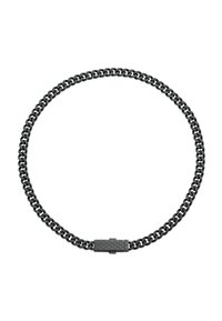 Collana a catena nera con maglie curb intrecciate e chiusura magnetica testurizzata, che mostra una finitura liscia e lucida in metallo.