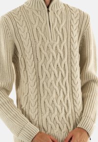 Crème-kleurige kabelgebreide trui met een hoge kraag en halve rits, gekenmerkt door opvallende textuurpatronen en geribde manchetten.