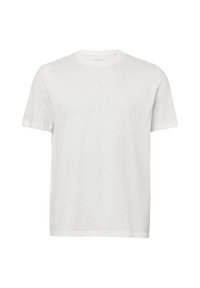 Weißes Baumwoll-T-Shirt mit Rundhalsausschnitt, kurzen Ärmeln und glatter Textur. Merkmale ein kleines Logo in der Mitte. Klassisches Fit-Design.