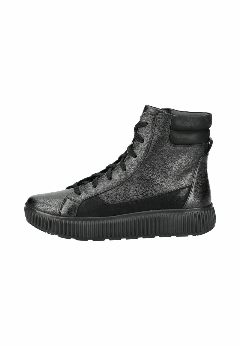 Sneakers alti neri con un esterno in pelle testurizzata, punta rotonda, suola in gomma, allacciatura frontale e colletto alla caviglia imbottito.