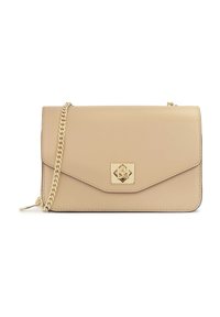 Borsa a tracolla in faux pelle beige con tracolla a catena dorata, chiusura a patta magnetica e dettaglio del logo geometrico sul fronte. Texture liscia.