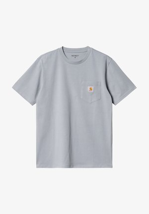 Gray cotton t-shirt with short sleeves, crew neck, and a chest pocket featuring a small orange logo patch. Smooth texture, casual design.
