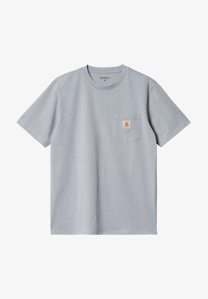 Gray cotton t-shirt with short sleeves, crew neck, and a chest pocket featuring a small orange logo patch. Smooth texture, casual design.