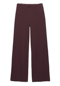 Wijd uitlopende broek in een diep bordeauxroze geribbelde stof, met een elastische tailleband. De pijpen zijn losvallend en lopen door tot op de vloer.