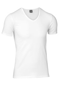 White cotton t-shirt with short sleeves, v-neck design, smooth texture, and a fabric label indicating size medium.