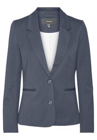 Námořnický modrý blazer vyrobený z hladké látky, s jednoradovým designem, dvěma předními kapsami a zapínáním na dva knoflíky. Zahrnuté jsou i klopové límce.