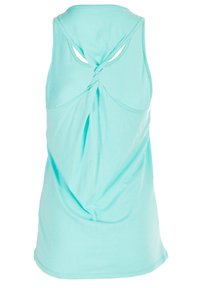 Licht turquoise tanktop met een gedraaide achterkant. Zachte stof, mouwloos en een ronde zoom aan de onderkant, met uitsparingen.