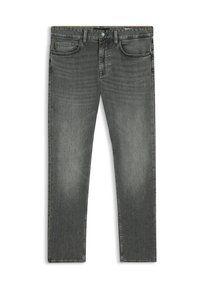 Jeans de denim griși pentru bărbați, cu croială slim-fit, închidere cu nasture frontal, bucle pentru brâu și detalii estompate pe coapse și genunchi.
