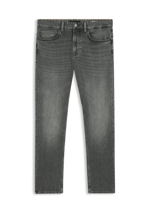 Slim-fit grijze denim jeans voor heren met knoopsluiting aan de voorkant, riemlussen en vervaagde details op de dijen en knieën.