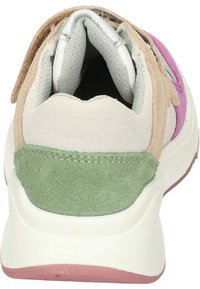 Sneaker features a multi-colored design with beige, pink, and green suede panels, a white sole, and a padded collar for comfort.