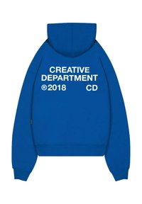 Blue hoodie made from soft fabric featuring a large white text print on the back: "CREATIVE DEPARTMENT ®2018 CD." Simple design.