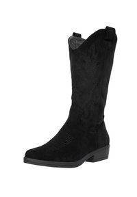 Schwarze Wildleder-Cowboy-Stiefel mit spitzer Zehenform, dekorativer Stickerei im Blattmuster und niedrigem, gestapeltem Absatz. Verfügt über eine Zuglasche für einfaches Anziehen.