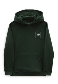 Felpa con cappuccio verde scuro realizzata in tessuto morbido, con tasca frontale, polsini a coste e un piccolo logo bianco sul petto.