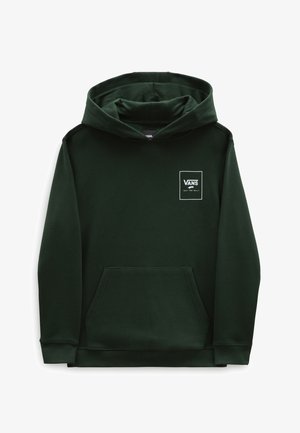 Felpa con cappuccio verde scuro realizzata in tessuto morbido, con tasca frontale, polsini a coste e un piccolo logo bianco sul petto.