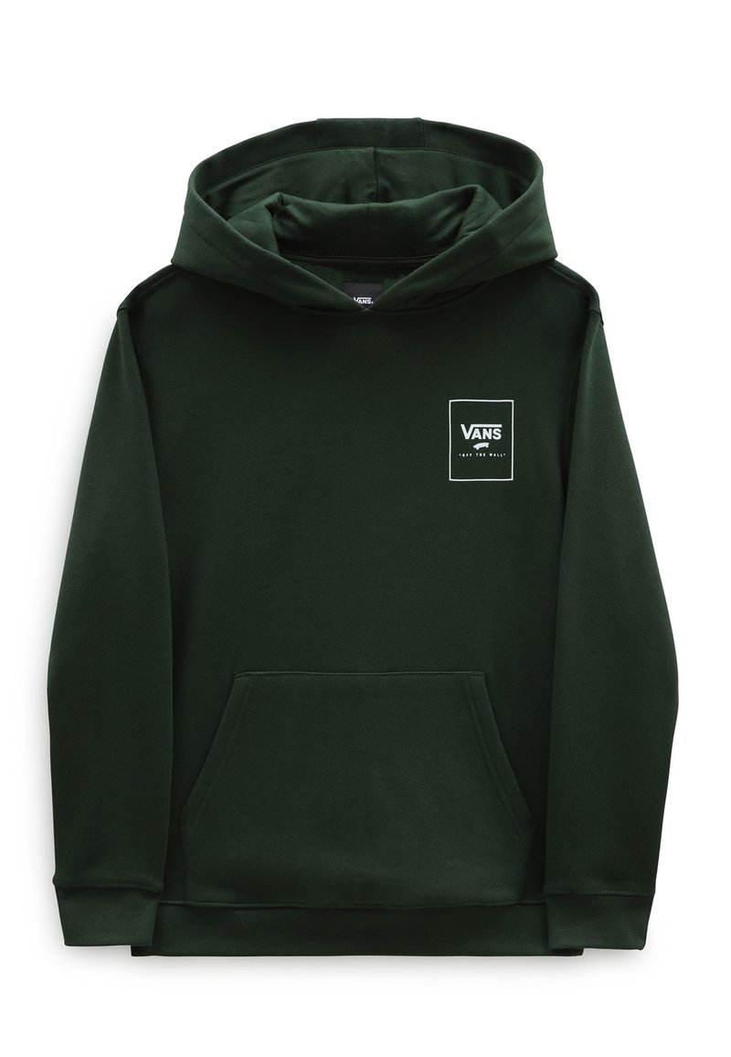 Felpa con cappuccio verde scuro realizzata in tessuto morbido, con tasca frontale, polsini a coste e un piccolo logo bianco sul petto.