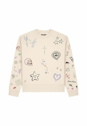 Sweat-shirt beige avec divers dessins colorés, dont des oiseaux, des étoiles, un crâne, un cœur avec un œil, et des symboles sur le devant et les manches.