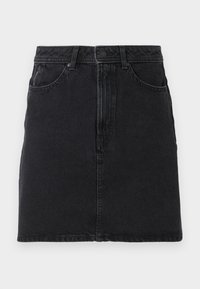 Jupe en denim noir au cut droit, dotée d'une fermeture à boutons et à glissière sur le devant, de deux poches avant et de détails de couture simples.