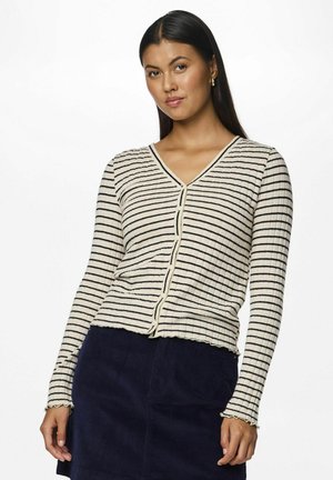 Geribbelde, gestreepte cardigan in crème met zwarte lijnen, met een V-hals, lange mouwen en een scalloped zoom, knoopsluiting aan de voorkant.