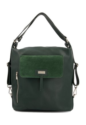 Grüne Lederhandtasche mit einem strukturierten grünen Wildlederdeckel, silberner Hardware und einer Reißverschlusstasche. Verfügt über einen verstellbaren Tragegurt.