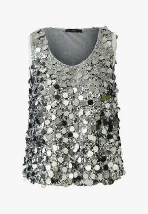Silberner Pailletten-Top mit Rundhalsausschnitt. Hat eine lockere Passform und ist vollständig mit reflektierenden, runden Pailletten auf einem Netzuntergrund bedeckt.