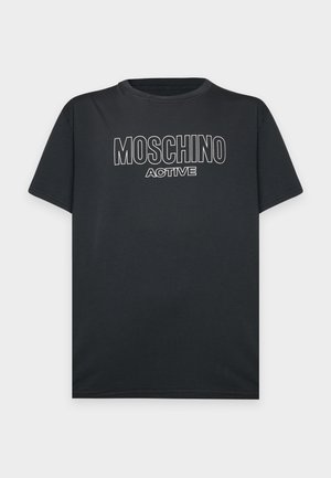 T-shirt noir à manches courtes avec l’inscription « MOSCHINO ACTIVE » en contour blanc sur la poitrine.