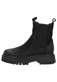 Zwarte leren enkelboot met elastische zijpanelen, ronde neus en een dikke, robuuste zool. Bevat trekflappen aan de bovenkant voor gemakkelijk aan- en uittrekken.