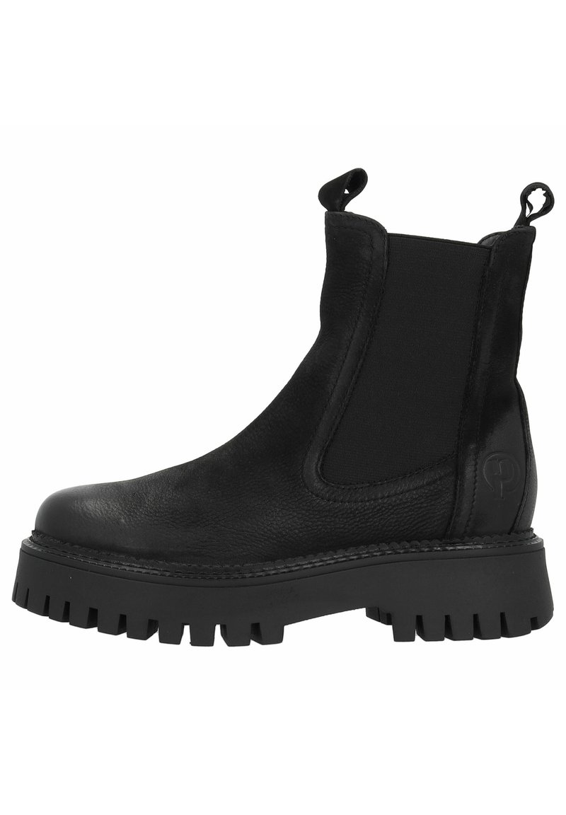Zwarte leren enkelboot met elastische zijpanelen, ronde neus en een dikke, robuuste zool. Bevat trekflappen aan de bovenkant voor gemakkelijk aan- en uittrekken.