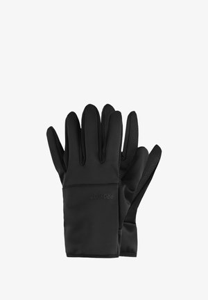 Czarne, dopasowane rękawiczki wykonane z gładkiego, elastycznego materiału; teksturowana powierzchnia chwytna na dłoniach; widoczne logo na nadgarstku.